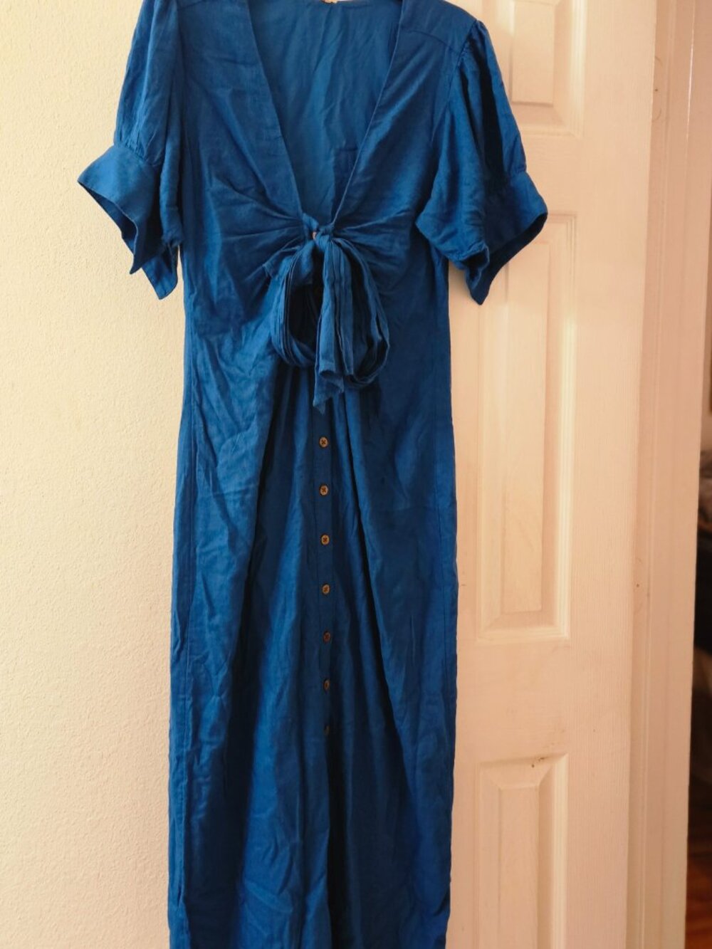 Free People boho Cottagecore linen maxi button down puff sleeve teal dress M - Picture 3 of 8